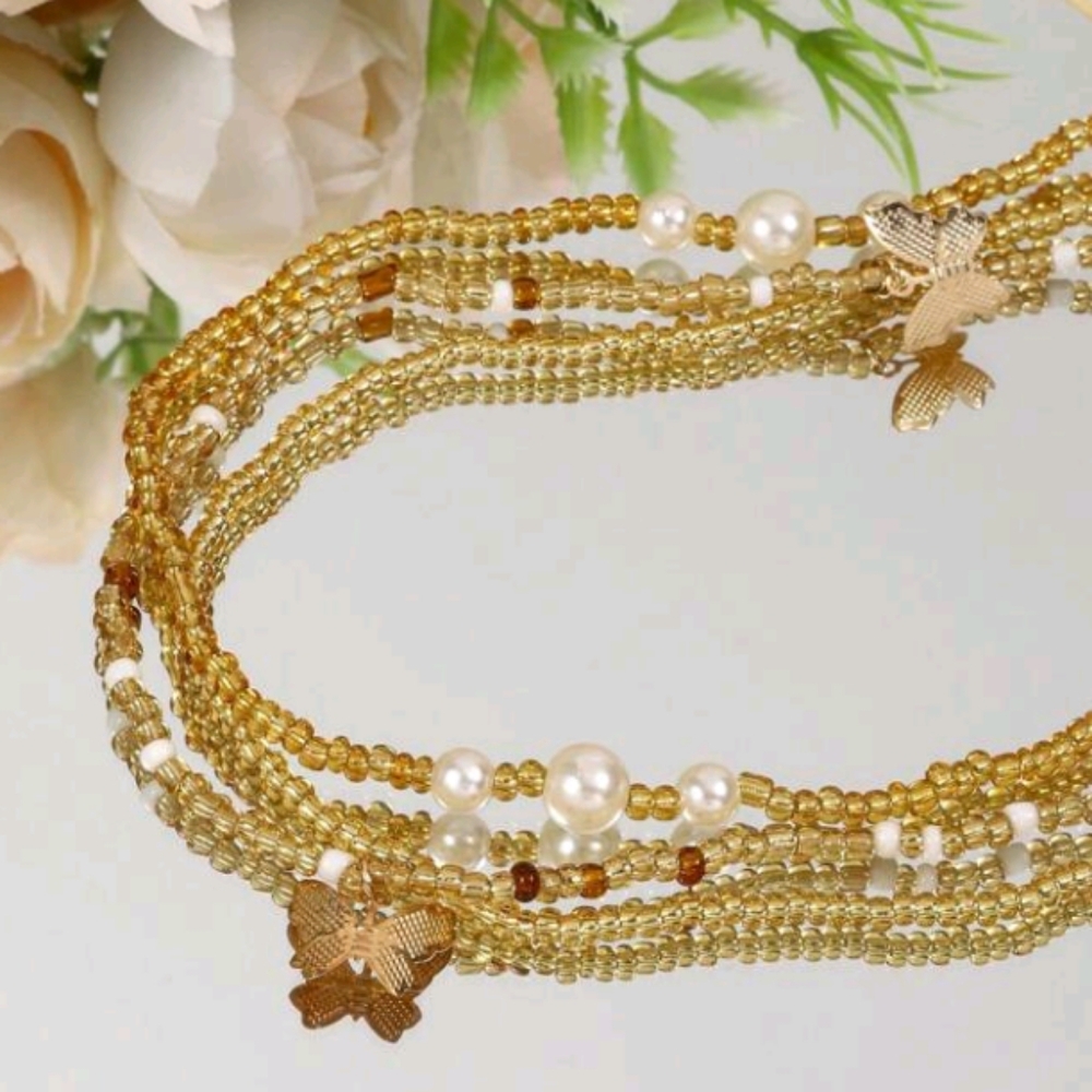 Women's 3pc Bohemian Faux Pearl Butterfly Pendant Layered Waist Beads